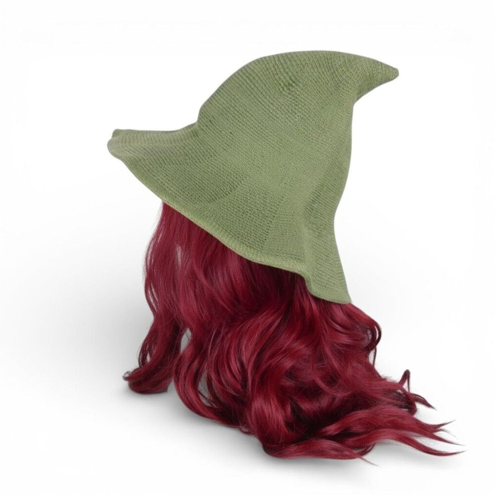 Sage Green Knit Pointy Witch Hat Soft Textured Wide Brim Accessory - Picture 5 of 6